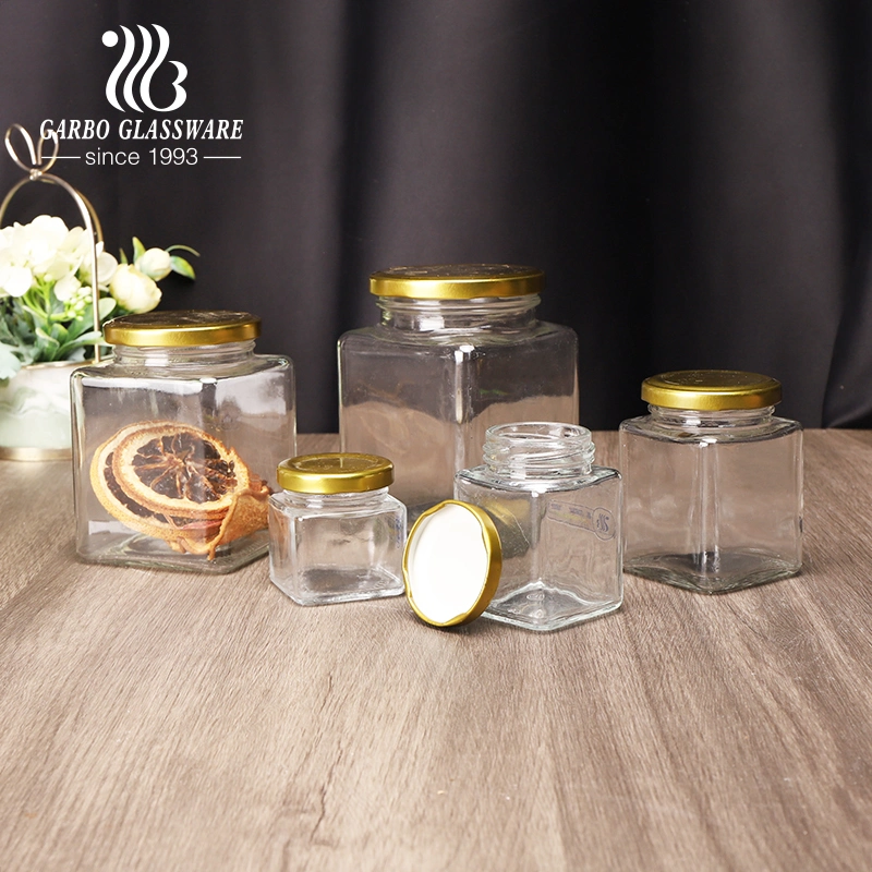 Stock Factory Big Discount Items Square Shape Glass Storage Jar with Golden Airtight Lid Glass Storage Jar