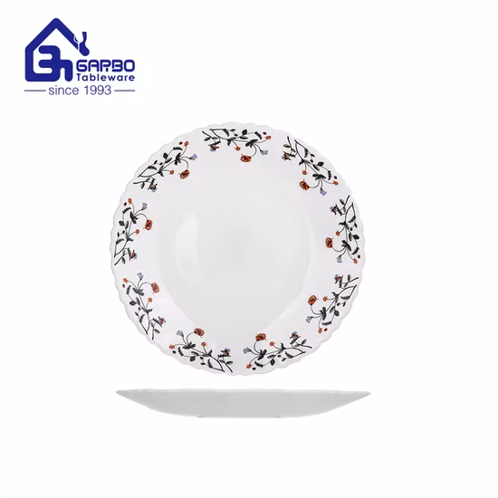 8.5 Inches Tempered White Opal Glass Dinner Flat Plate with Round Flower Decal Design