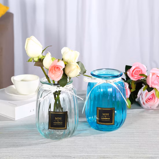 Wholesale Color Different Size Wide Mouth Grace Stripe Glass Vase for Wedding Decoration