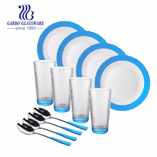 Black Opal Glass Plate with Rock Glass Juice Tumbler Stainless Steel PVC Handle Cutlery Spoon Dinnerware Set